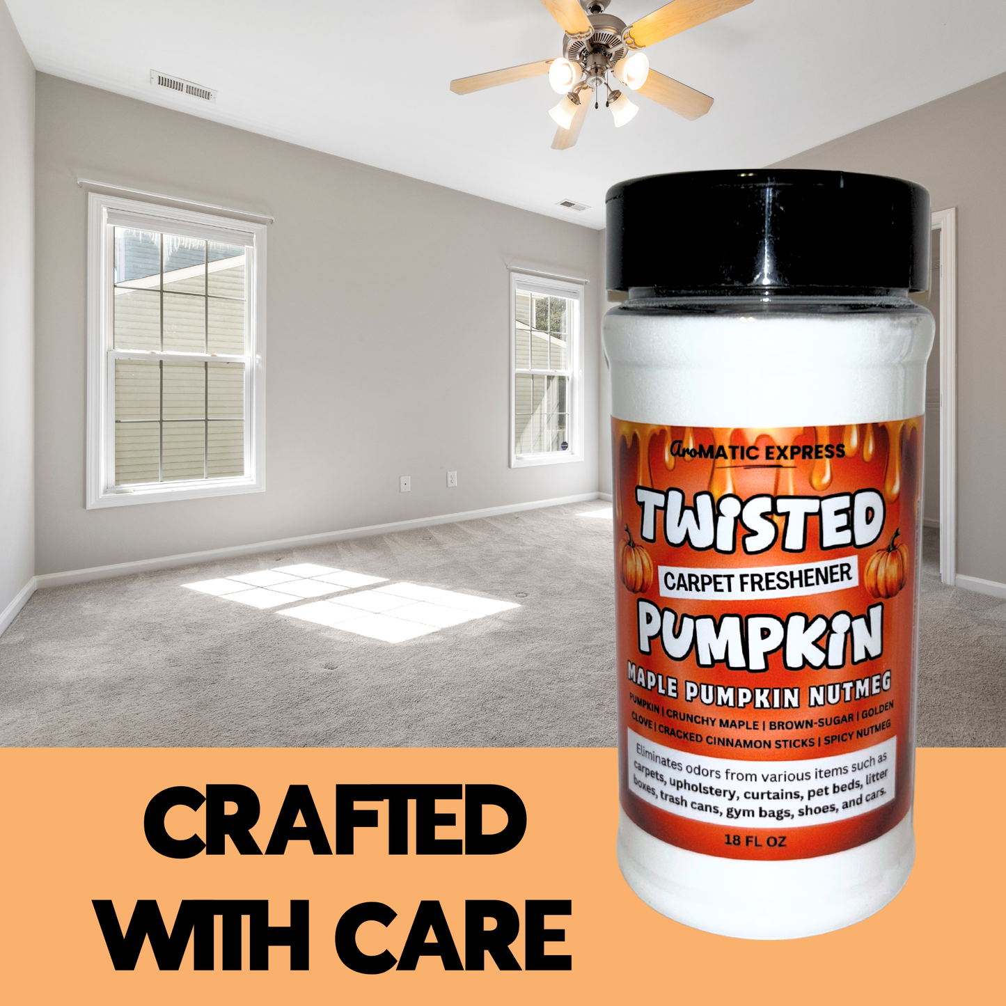 Twisted Pumpkin Maple Nutmeg Cinnamon Carpet Freshener | 18oz Sprinkle Jar | Odor Eliminator Powder