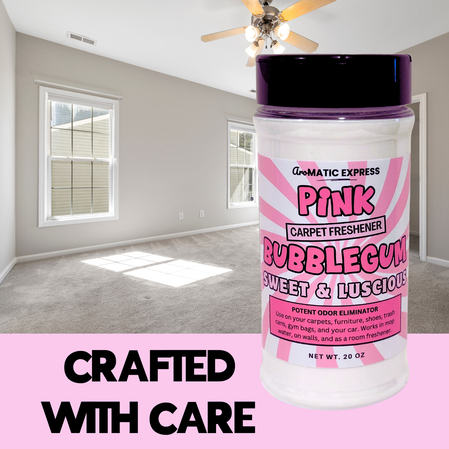Pink Bubblegum Carpet Freshener | 18 oz Sprinkle Jar | Odor Eliminator Powder