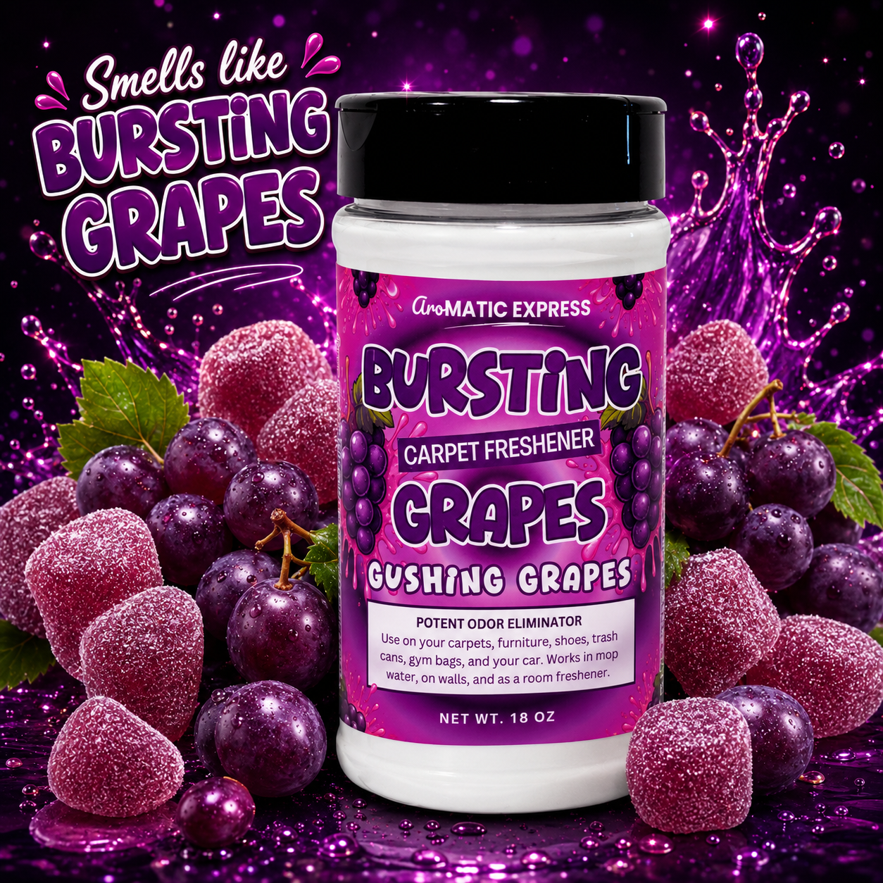 Bursting Grapes Carpet Freshener | 18 oz Sprinkle Jar | Odor Eliminator Powder