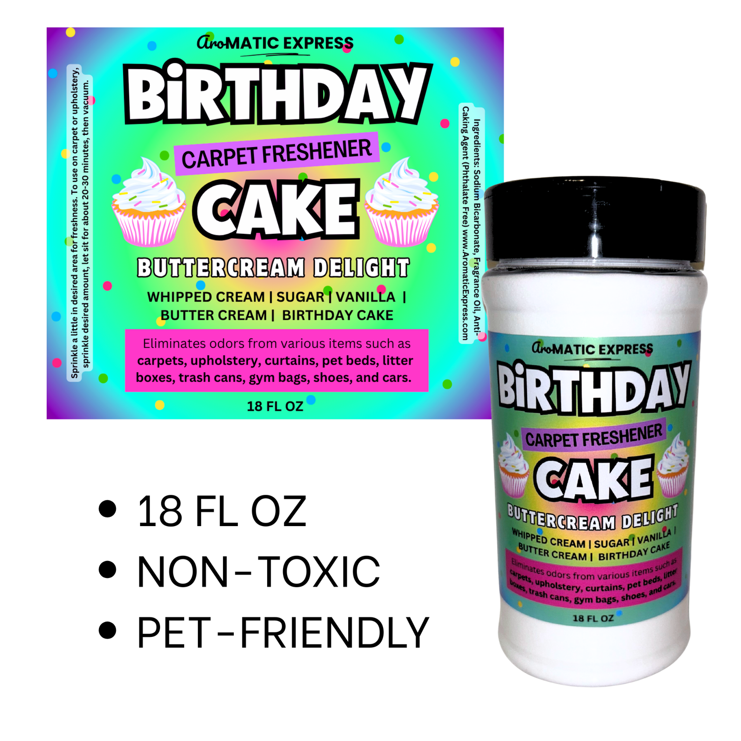 Birthday Cake Buttercream Frosting Carpet Freshener | 18oz Sprinkle Jar | Odor Eliminator Powder