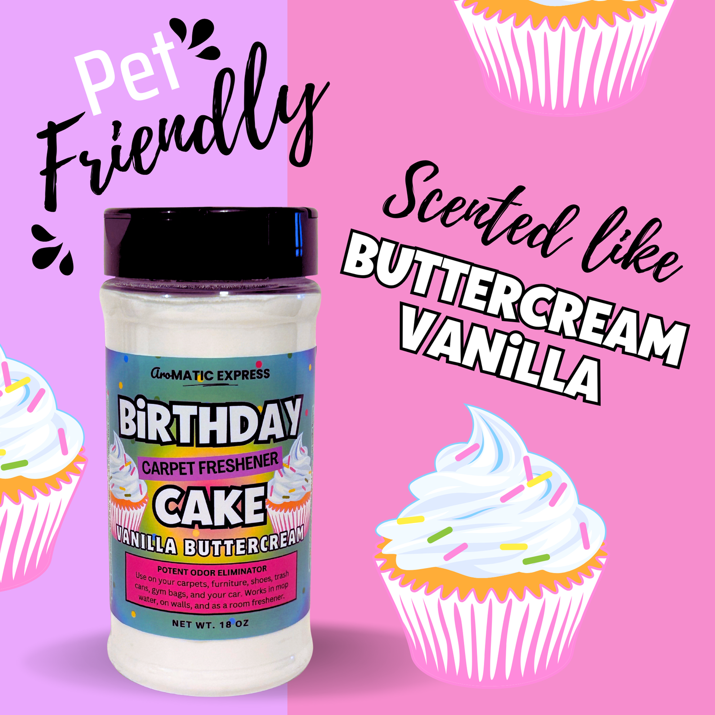 Birthday Cake Buttercream Vanilla Frosting Carpet Freshener | 18oz Sprinkle Jar | Odor Eliminator Powder