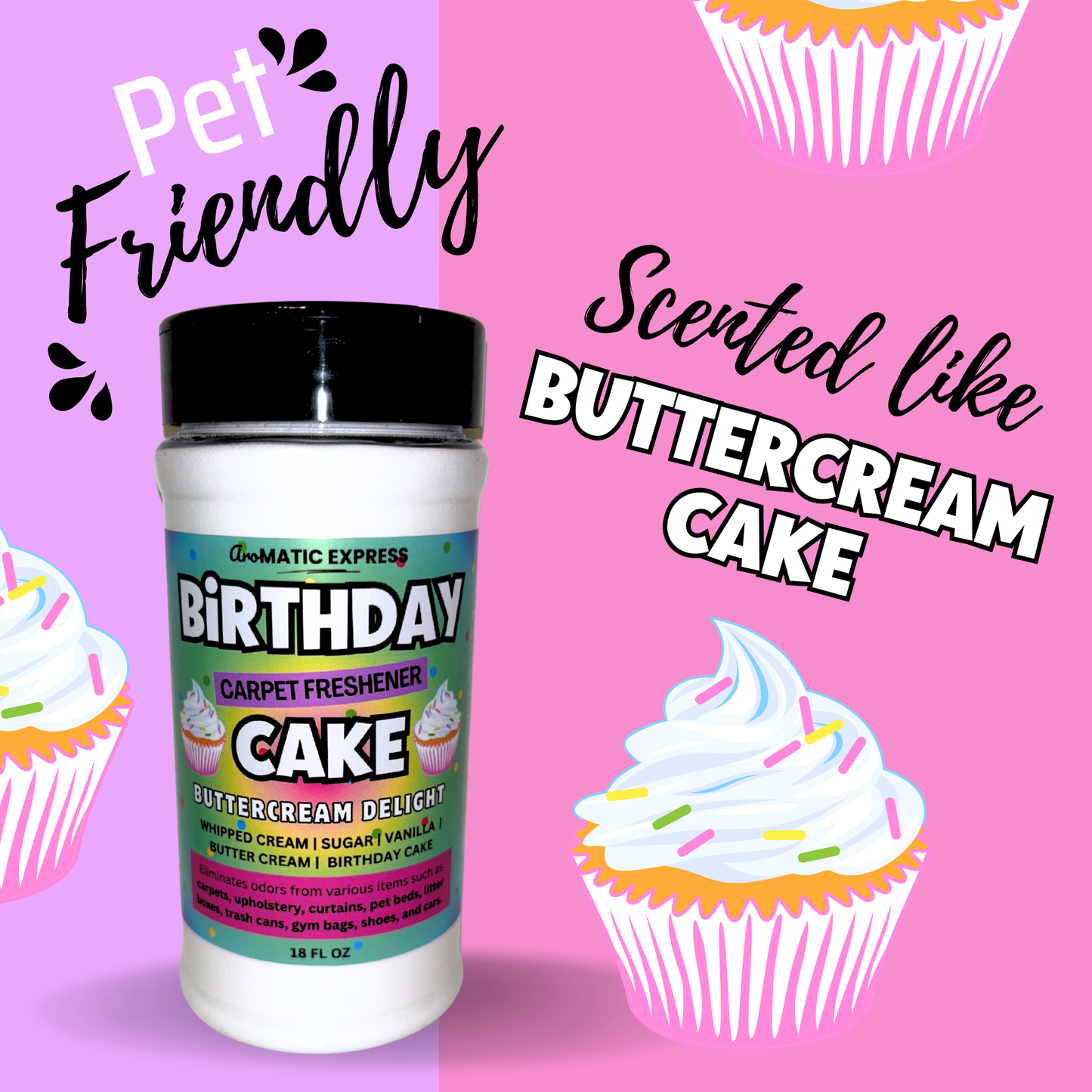 Birthday Cake Buttercream Frosting Carpet Freshener | 18oz Sprinkle Jar | Odor Eliminator Powder