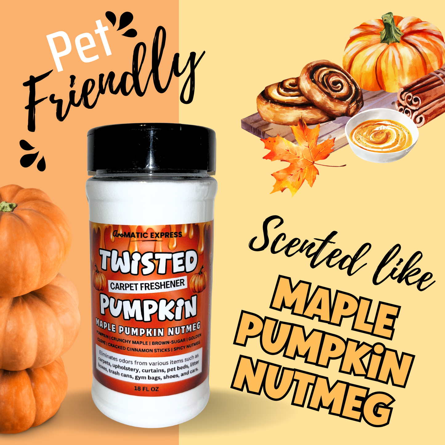 Twisted Pumpkin Maple Nutmeg Cinnamon Carpet Freshener | 18oz Sprinkle Jar | Odor Eliminator Powder