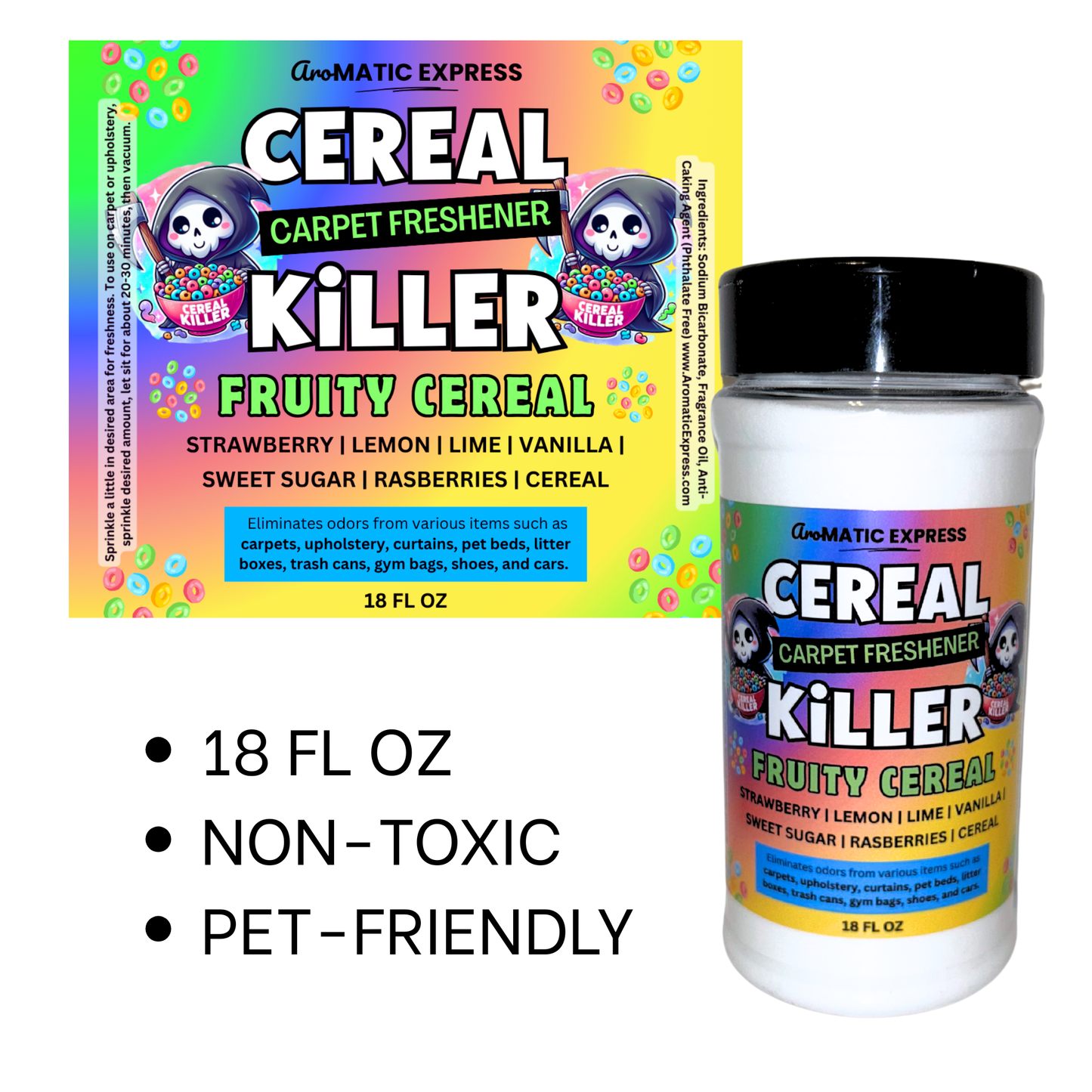 Cereal Killer Fruity Cereal Carpet Freshener | 18oz Sprinkle Jar | Odor Eliminator Powder