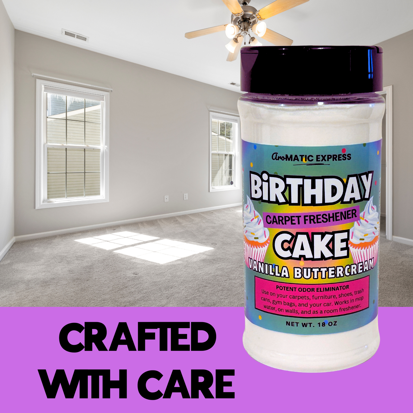 Birthday Cake Buttercream Vanilla Frosting Carpet Freshener | 18oz Sprinkle Jar | Odor Eliminator Powder