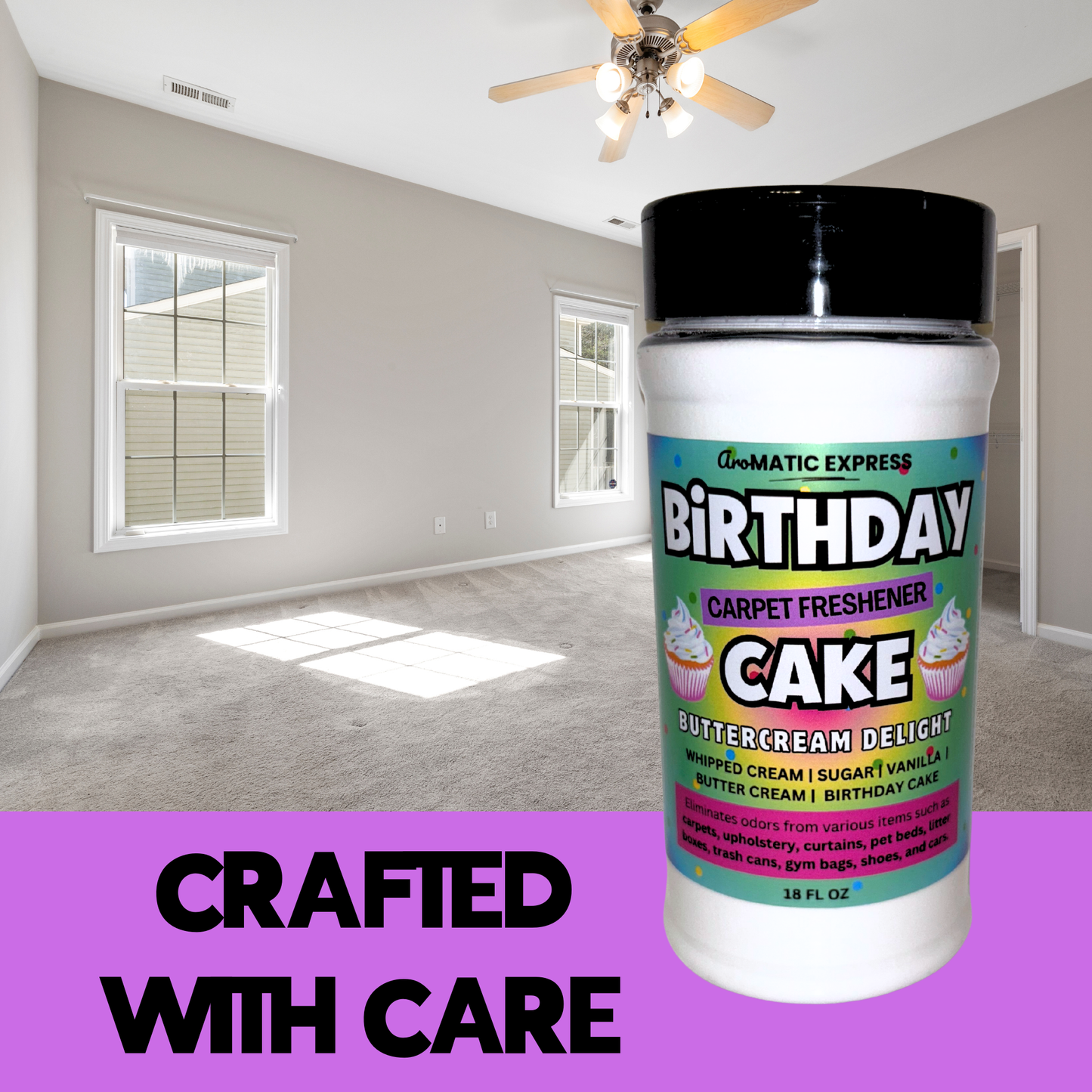 Birthday Cake Buttercream Frosting Carpet Freshener | 18oz Sprinkle Jar | Odor Eliminator Powder