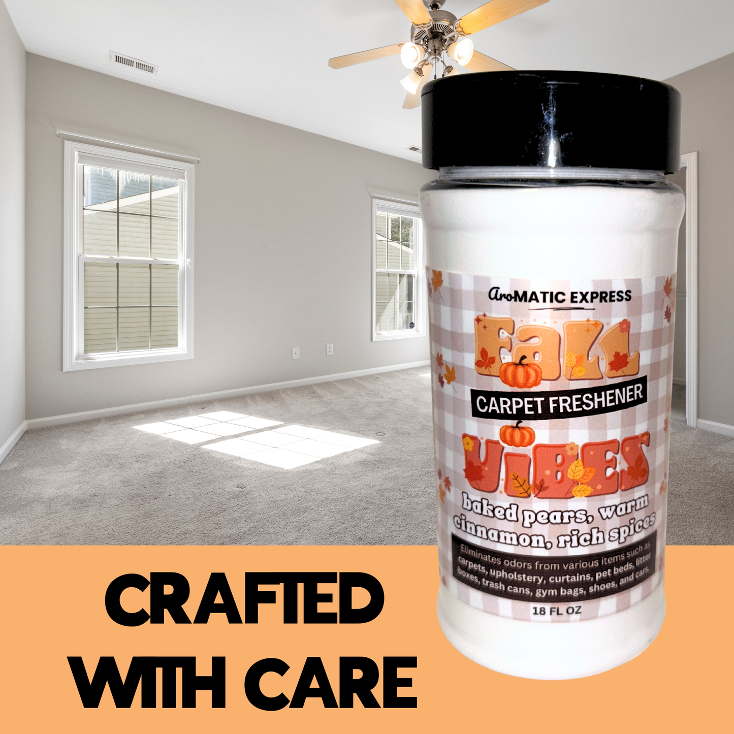 Fall Vibes Baked Pear & Cinnamon Carpet Freshener | 18oz Sprinkle Jar | Odor Eliminator Powder