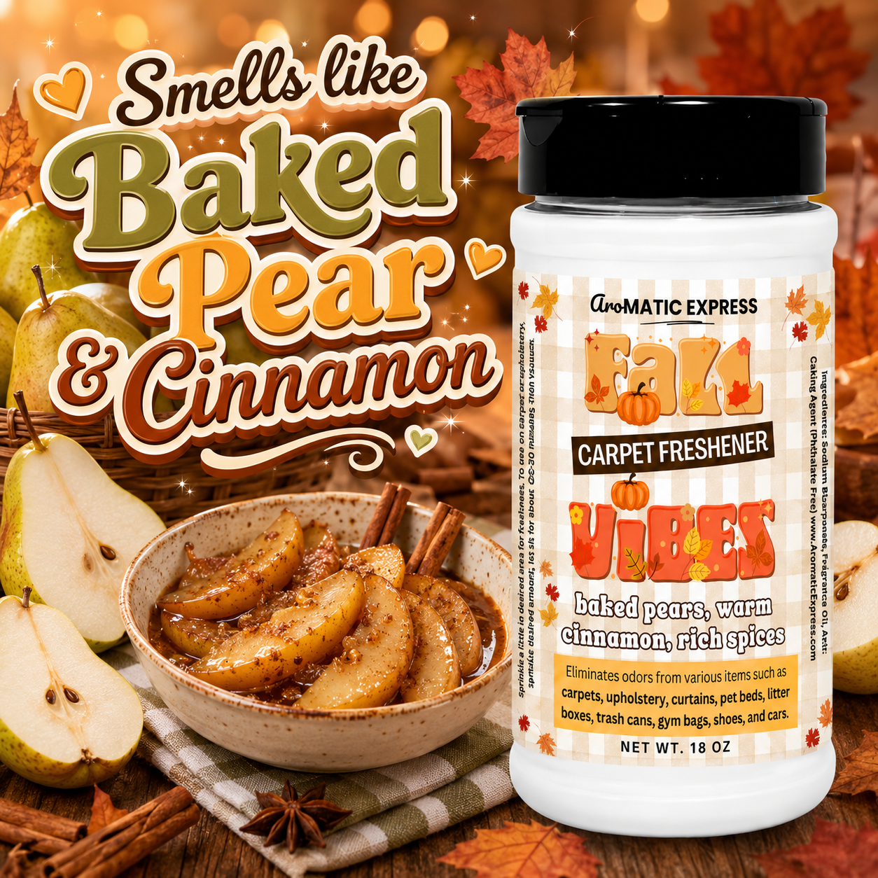 Fall Vibes Baked Pear and Cinnamon Carpet Freshener | 18oz Jar | Odor Eliminator Power