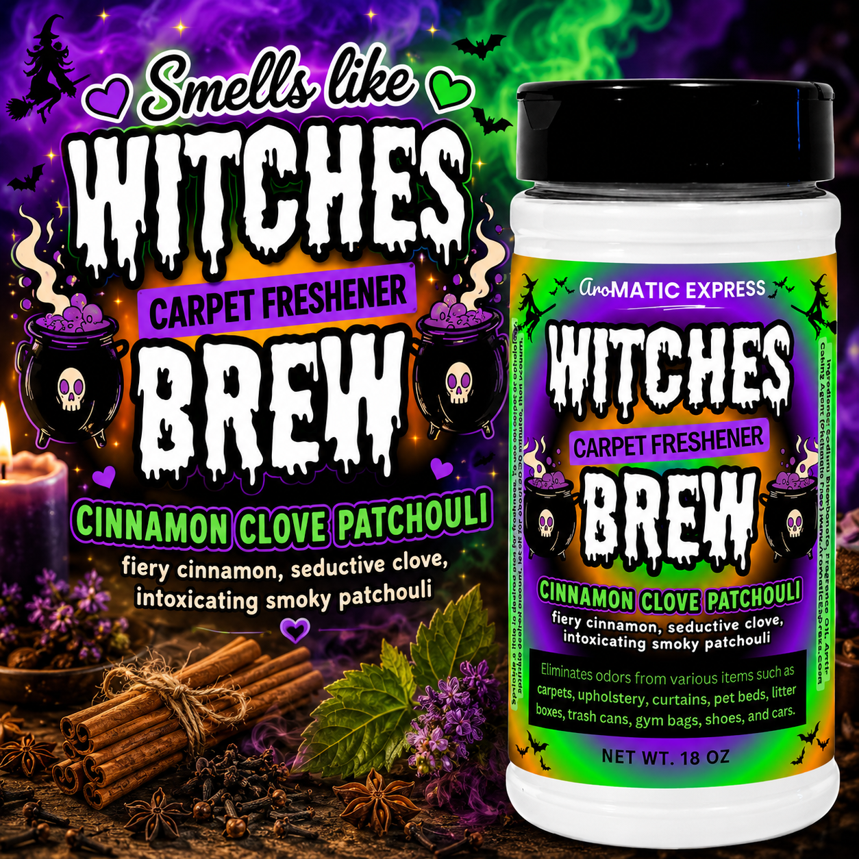 Witches Brew Cinnamon, Clove, Patchouli Carpet Freshener | 18 oz Sprinkle Jar | Odor Eliminator Powder