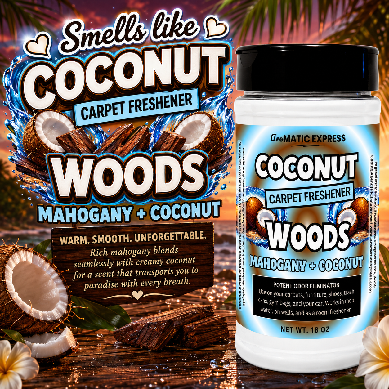 Mahogany Coconut Carpet Freshener | 18 oz Sprinkle Jar | Odor Eliminator Powder